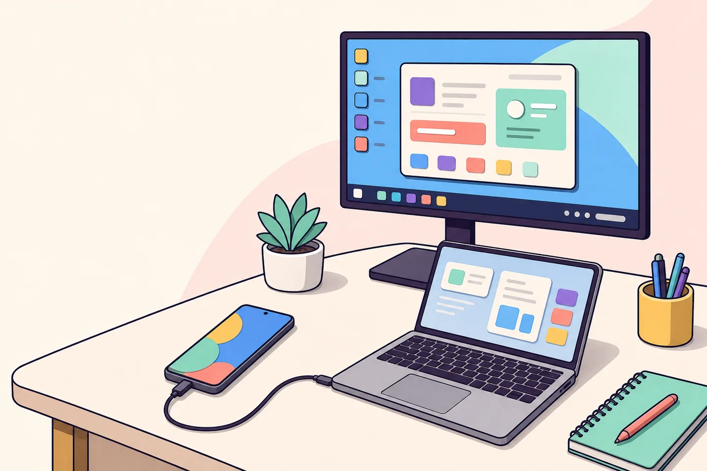 Editorial illustration of a phone connected to a Windows 11 laptop and monitor