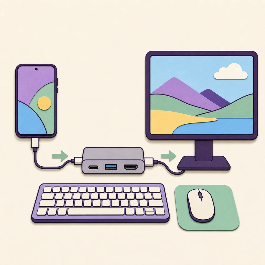 Editorial illustration of a phone, USB-C hub, monitor, keyboard, and mouse connected for DeX
